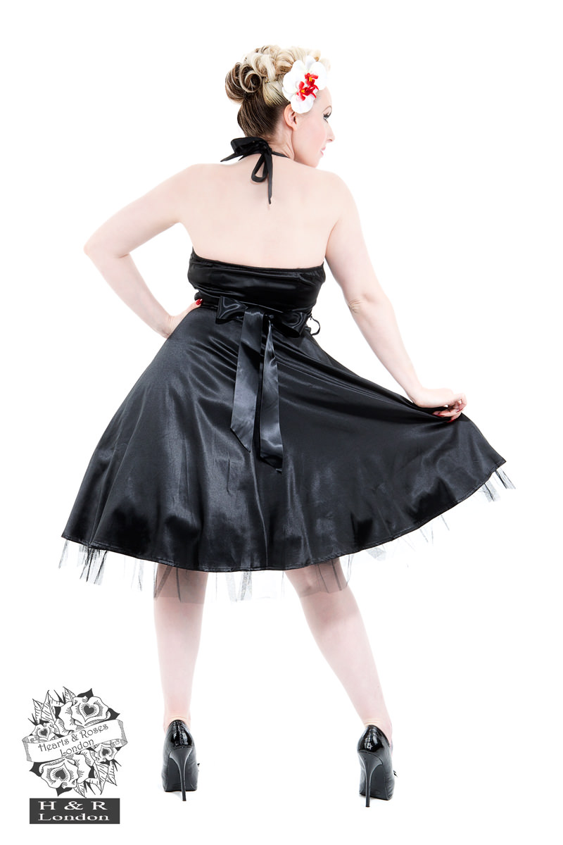 Smooth Black Satin Halter Swing Dress Hearts & Roses London